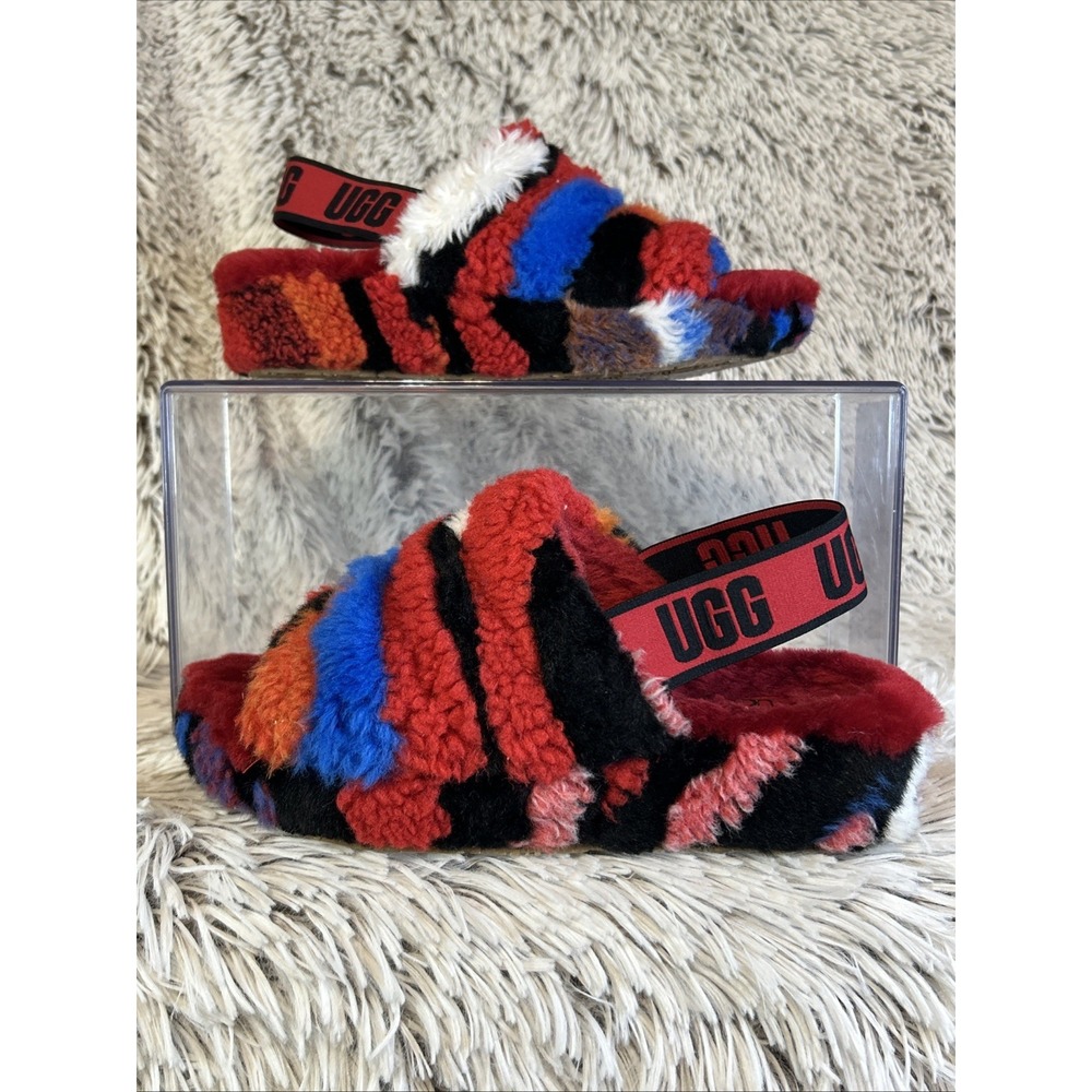 UGG Fluff‎ Yeah Slide Cali Collage Slingback Slippers Red 1118164 Women's Size 7
